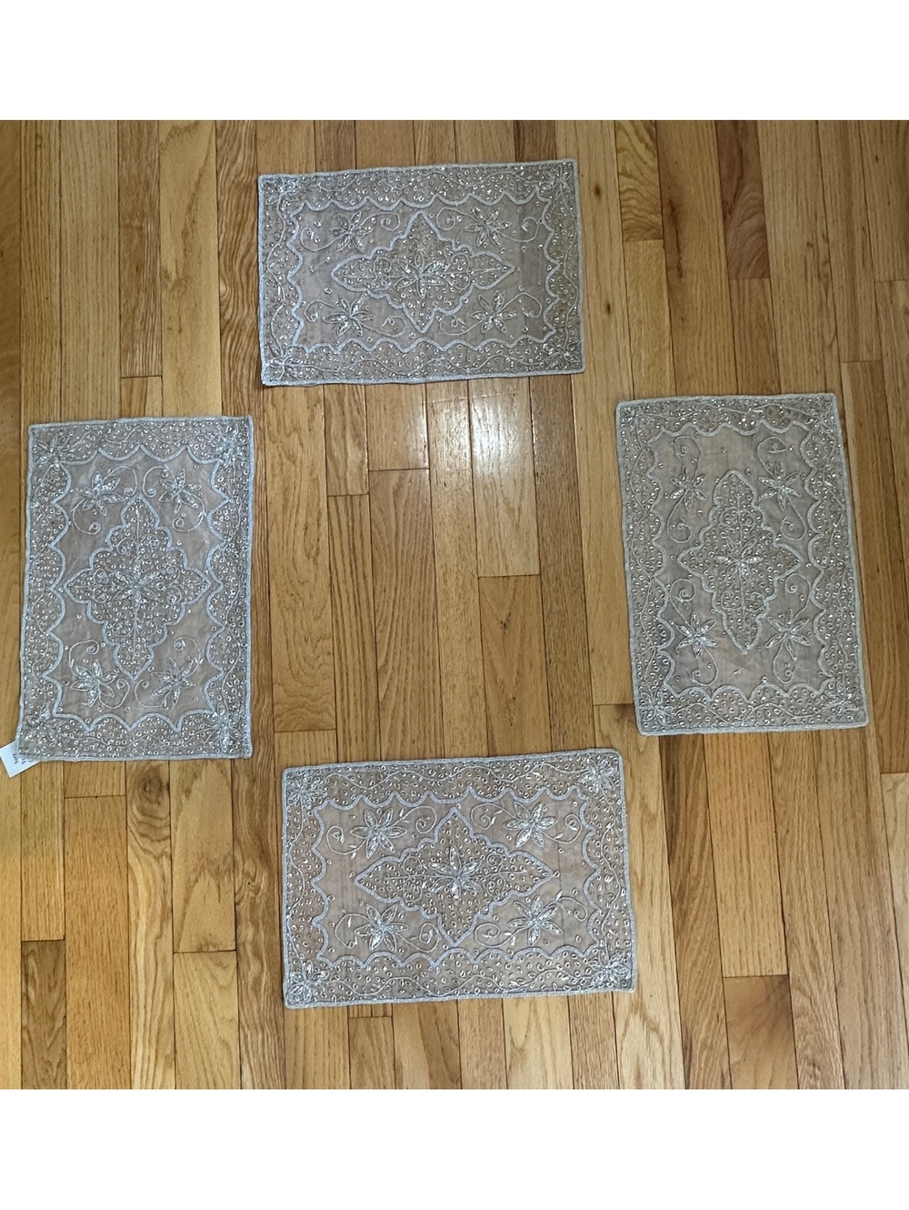 Set Of 8 Silver Gold Sheer Metallic Embroidered Placemats Floral Boho Indian